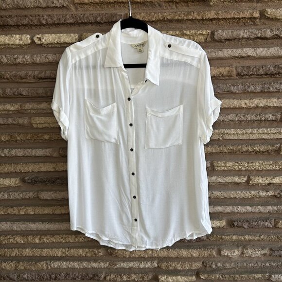 Lucky Brand White Lightweight Flowy Military Button Front Shirt Size Medium - Picture 6 of 9
